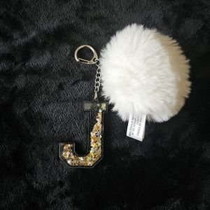 Key Chain with an Initial J and Faux Fur Pom Pom